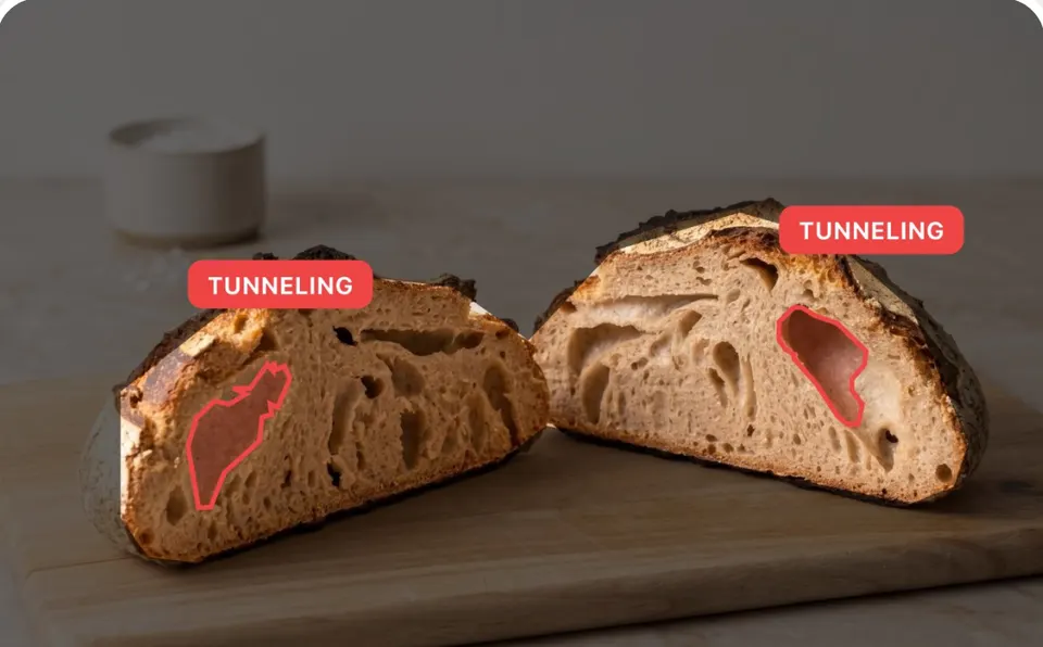 A sliced sourdough loaf with the tunneling in its crumb outlined in red.